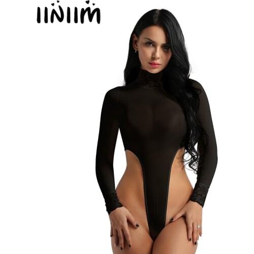 Womens Sexy Lingerie Bodysuit See Through Sheer Catsuit Nightwear Sexy High Cut Thong Crotchless Leotard Bodystocking Clubwear