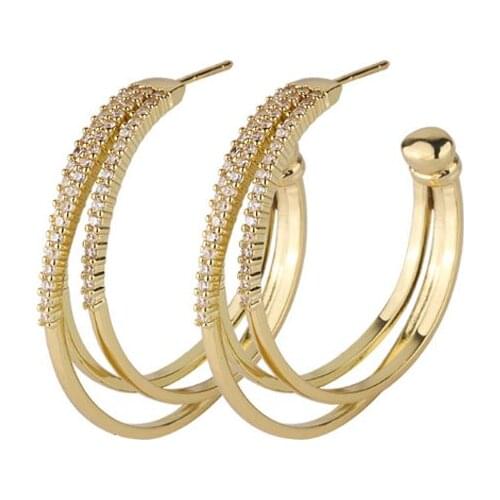 2021 Hollywood Jewelry Multi Layer Geometry Brass Gold Color Pave Zircon Earring for Lady