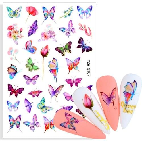 2021 New 3D Rainbow Butterfly Nail Stickers Flower Green Leaf Adhesive Decals for DIY Manicures Nail Art Decoration Accessories