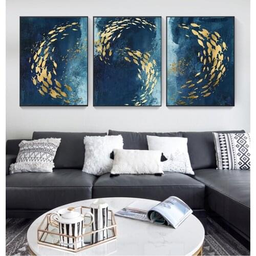 Art Living Room Entrance Decoration Picture Golden Fish Abstract Wall Poster Style Canvas Print Painting Contemporary