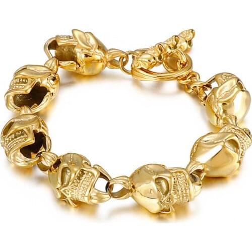 13mm 8.85'' 63g Gold Skull Link Chain Bracelet for Men 316L Stainless Steel Skeleton Bangle High Polished Gothic Punk
