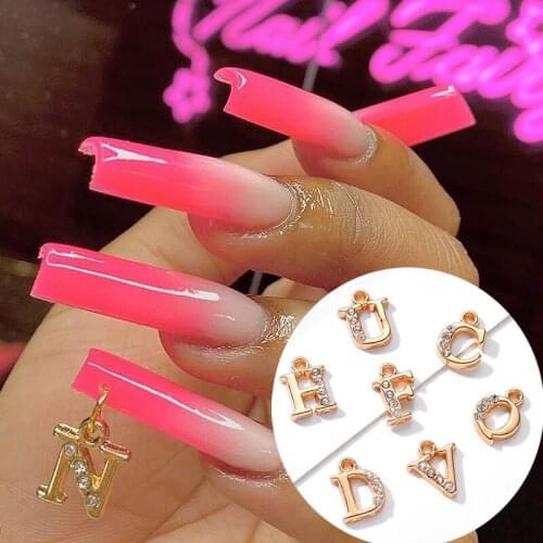 Letter Nail Piercing 3D Dangle Gold Metal Alphabet Alloy Designer Nail Charms Rhinestones Glitter Decorations