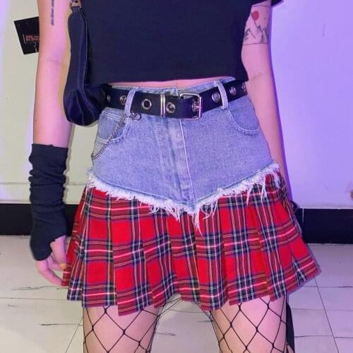 Denim Plaid Mini Skirt for Women Punk Style Summer Stitching INS Pleated Skirt Harakuju Hight Waist Short Skirt