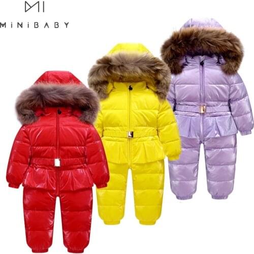 2021 Russian Winter Baby Girl Snowsuit With Big Fur Outerwear Shining Jackets 2-5y Princess Clothes 90% Goose Down Coat For Kids