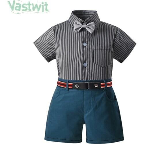 Kids Boys Clothing Sets Summer Gentleman Suits Short Sleeve Bow Tie Stripe Shirt+Shorts 2pcs Kids Clothes Children Clothing Set