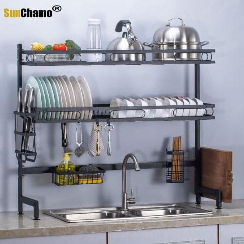 72/92CM Stainless Steel Kitchen Shelf Organizer Dishes Drying Rack Over Sink Drain Rack Kitchen Countertop Utensils Holder