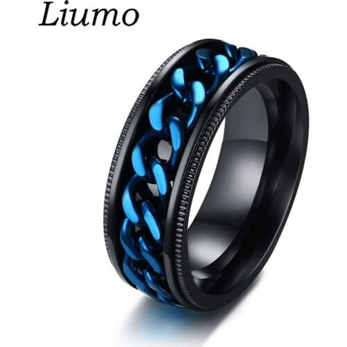 Liumo Punk Style Black Blue Color Spinner Rotate Chain Stainless Steel Men Biker Ring Lr634