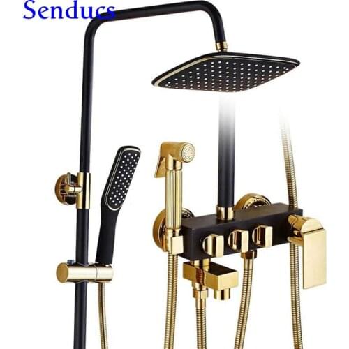 Senducs Black Gold Shower Set Luxury Brass Bathroom Shower Faucet Square Rainfall Top Shower Brass Bath Bidet Spa Shower System