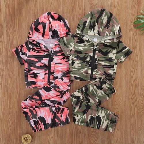 New Fashion Toddler Kid Baby Girl Camougflage Hooded Clothes Long Sleeve Top Pants Outfit Set