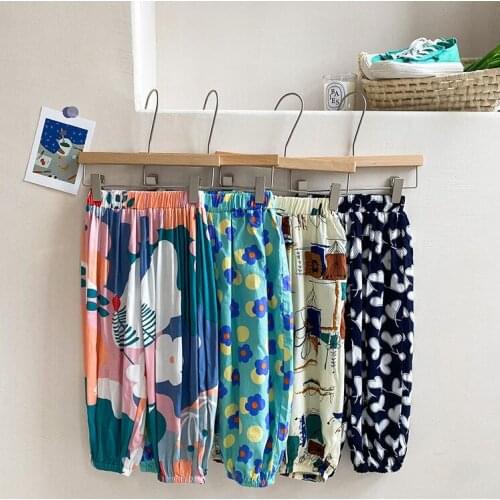 2021 new girls boys printed long pants cotton summer cool kids pants