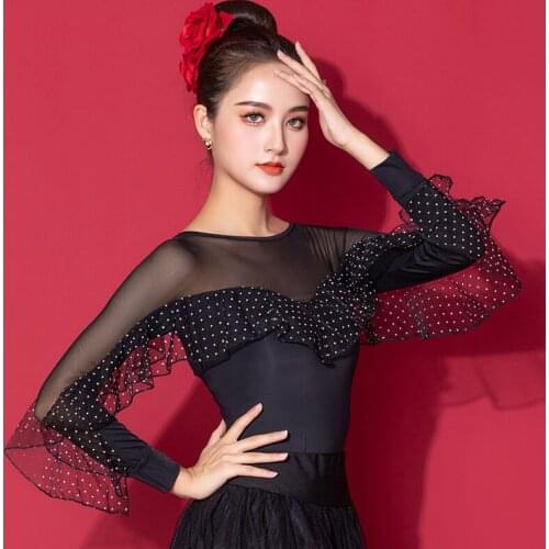New Latin Dance Tops Long Sleeve Mesh Black Practice Clothes Professional Modern Standard Dance Clothing Rumba Shirts DQL5572