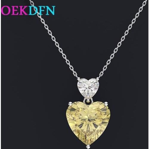 OEKDFN 100% 925 Sterling Silver Necklace Women Love Heart Moissanite Citrine Sapphire Gemstone Pendant Necklaces Jewelry