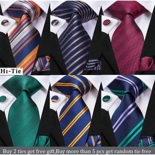 Hi-Tie Gift Mens Tie Set Navy Blue Grenn Striped Silk Wedding Tie For Men New Design Quality Tie Hanky Cufflink Set Dropshipping