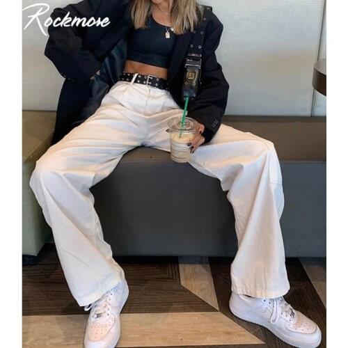 Rockmore Wide Leg Jeans Women Cargo Pants Plus Size White Pockets Woman Jeans High Waist Streetwear Demin Straight Pants Casual