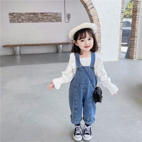 Spring girl baby clothes Kids outfit sets denim overalls lace shirt suit for girls baby 1 year birthday wide-leg jeans sets
