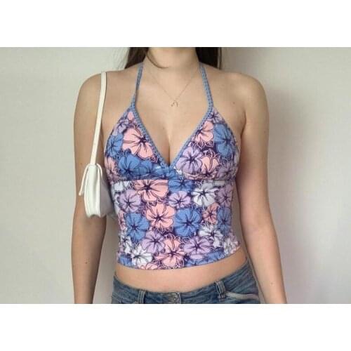Women Sexy Halter Vest Floral Printed Sleeveless Crop Top Girls Summer Sexy Sleeveless Backless Camisole S/ M/ L
