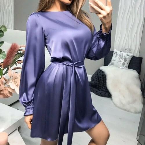 Womens Long Sleeve Dress 2021 Summer New Khaki Satin Lantern Sleeve Purple Green Temperament Short Dress Women