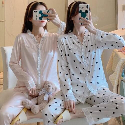2020 Autumn Silk Satin V-neck Long Sleeve Pajama Sets Women Sweet Lace Sleepwear Suit Pyjamas Homewear Pijama Mujer Home Clothes