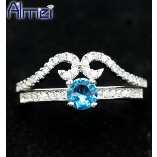 Almei Cute Pink Crystal Silver Color Rings Bijoux Rainbow CZ Zircon Ring Women Anel Jewelry Crown Aneis Zirconia Gift Y2867