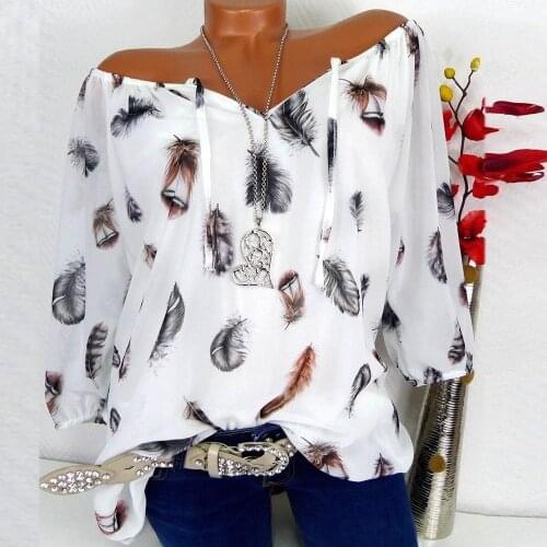Women Sexy Blouses V Neck Feather Printes Shirt Tops Long Sleeve Chiffon Shirt Tops 2020 Summer Beach Women Clothes Tunic Blusas