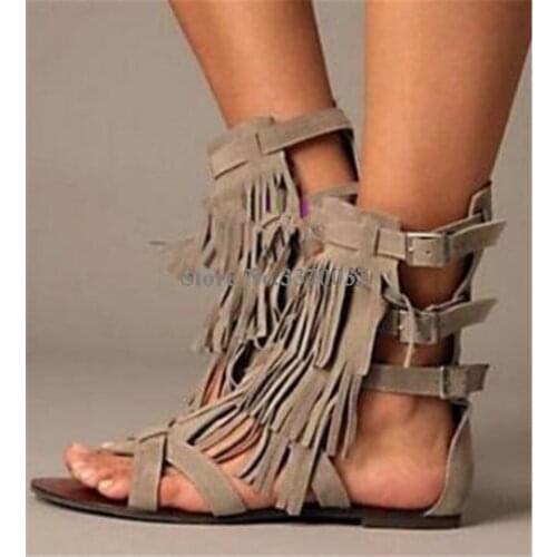 Summer New Fashion Women Open Toe Suede Leather Tassels Flat Gladiator Sandals Buckles Fringed Straps Sandal Boots Bohemia Shoes