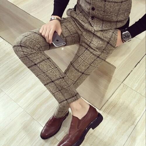 Plaid pants men autumn winter slim fit suit pants mens business casual trousers men work pants korean dress pant male