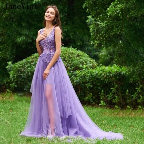JaneVini Charming V Neck Lilac Plus Size Long Prom Dresses A Line Lace Appliques Sleeveless Tulle Sweep Train Formal Party Gowns