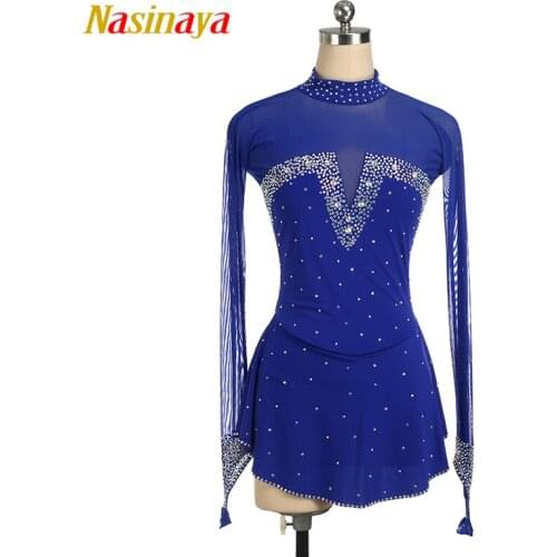 Figure Skating Costume Dress Customized Competition Ice Skating Skirt sapphire blue for Girl Women Kids Gymnastics AB stones