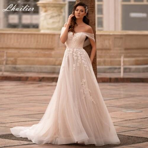 Lhuilier Elegant A-line Tulle Wedding Dresses 2020 Off the Shoulder Lace Appliques Pleated Floor Length Bridal Dress With Belt