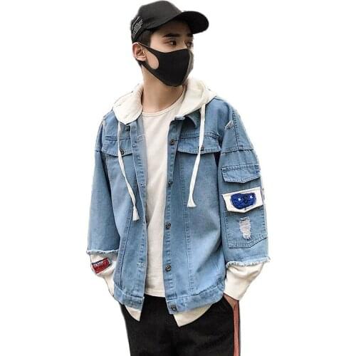 2021 New Spring Fashion Denim Coat Men Jacket Streetwear Hip Hop Mens Hooded Jean Jackets Male Casual Loose Outerwear