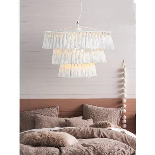 Nordic Bedroom Lamp Cotton Fringed Pendant Lights Romantic Princess Room Living Room Dining Room Tassels Hanging Lights Fixtures