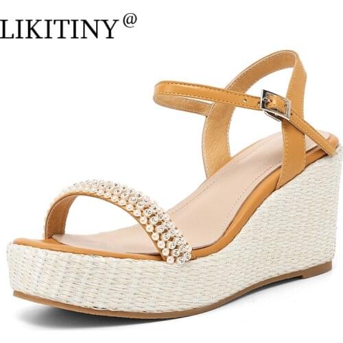 LIKITINY 2021 Summer Sandals Womens shoes Genuine leather Bohemia String Beads Buckles strap Wedges Casual Yellow Sandals 8CM