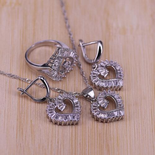 Trendy Silver Color Jewelry Set For Women Heart CZ Stone Charm Pendants Necklaces Earrings Rings LOVE Anniversary Gift