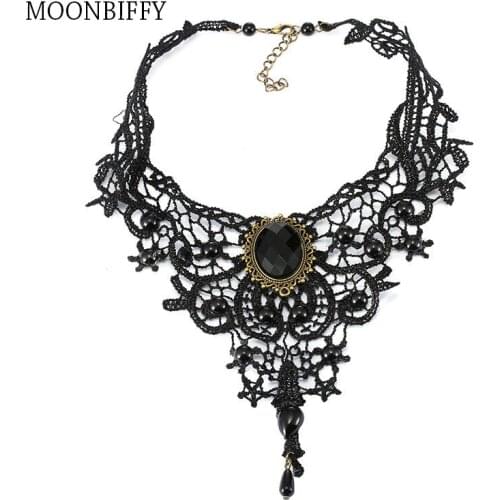 Gothic Chokers Black Stone Sexy Lace Neck Choker Necklace Vintage Victorian Women Chocker Steampunk Halloween Jewelry
