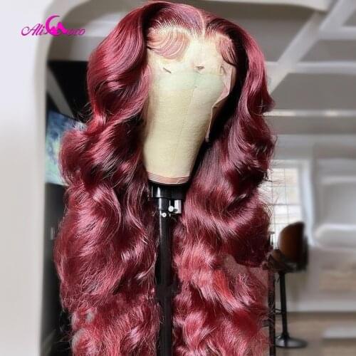 Transparent Lace Front Body Wave Wig Preplucked 180% Density 99j Red Colored Brazilian Lace Front Human Hair Lace Frontal Wig