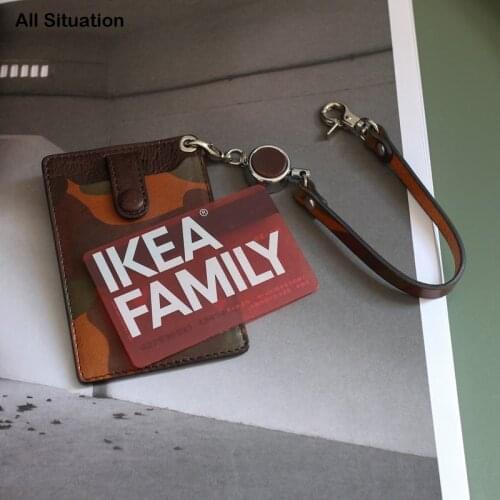 Luxury Camouflage Bus Card Set First Layer Cow Leather Top End Luggage Tag Mini ID Card Purses Elastic Easy Pull Buckle Lanyard