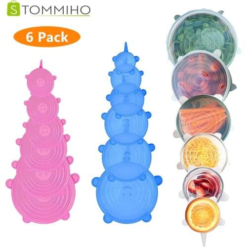 STOMMIHO 6pcs Silicone Food Fresh-keeping Lids Stretch Reusable Food Wrap Cover Bowl Airtight Lid Kitchen Storage Supplies