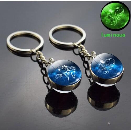 Night Luminous 12 Constellation Keychain Glass Ball Zodiac Sign Keychains Men Car Key Chain Glow In The Dark Jewelry