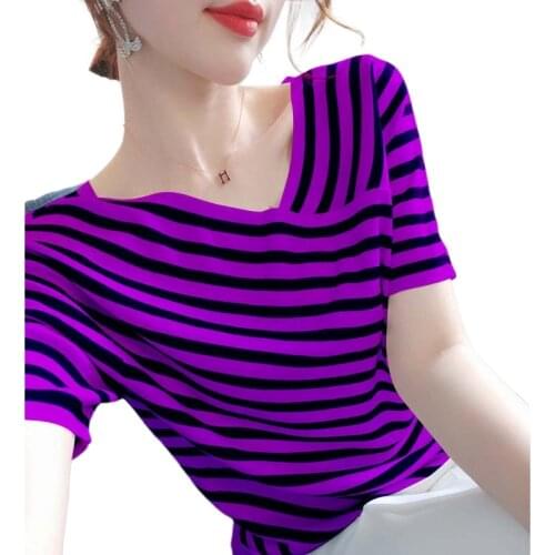 Loose thin striped knitted t-shirt 2021 summer new wild retro bottoming shirt short-sleeved ice silk T-shirt women