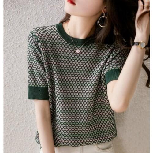Summer 2021 niche Nordic minimalist style fish scale plaid color matching short-sleeved knitted T-shirt
