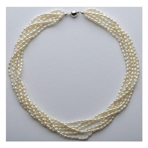 Luck Pearl Jewellery,Stunning 5Rows,AA 2-4MM White Color Rice Freshwater Pearl Necklace,Magnet Clasp,Free Shipping
