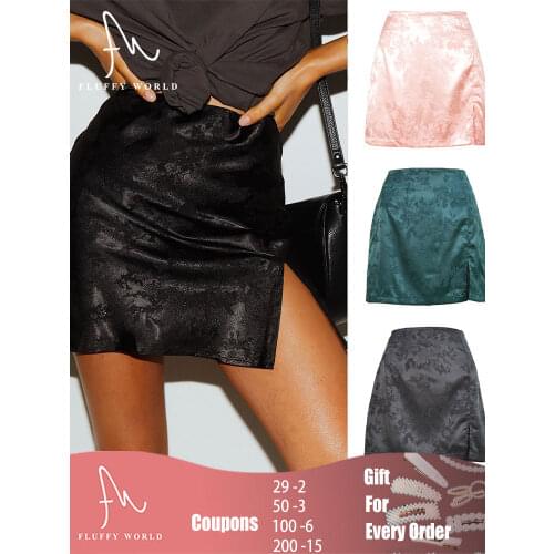 Woman Satin Skirts Summer Party Cocktail Wrap Split Mini Skirts Y2K Vintage Harajuku High Waist Straight Skirts FLUFFY WORLD