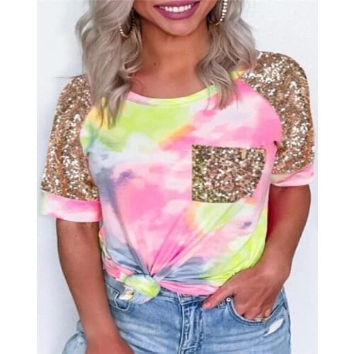 Womens Sequin Tie Dye Printed T-shirts, Sequins Short Sleeve Round Neck Tunics Casual Tees Tops Club Wear