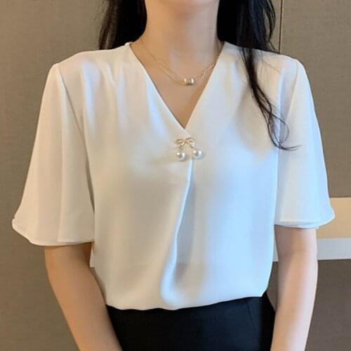 Womens tops and blouses 2020 ladies tops for women blusas femininas korean top Chiffon Beading Solid V-Neck white shirts 0607