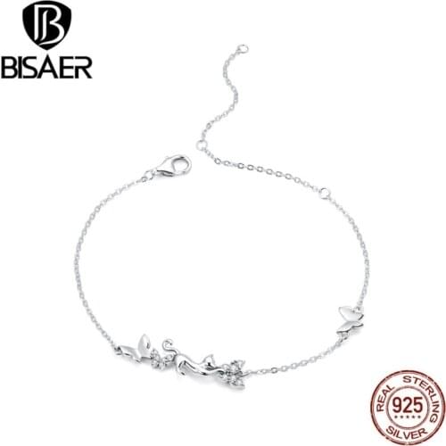BISAER Cat & Butterflies Bracelets 925 Sterling Silver Dazzling CZ Women Chain Bracelets Fine Making Jewelry Gift ECB195
