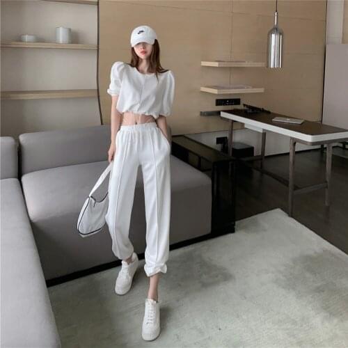 Newest Fashion Women Suit White Black Women Tracksuits O-Neck Bandage 2 Pieces Set Half Sleeve Solid Casual Sportswear suits