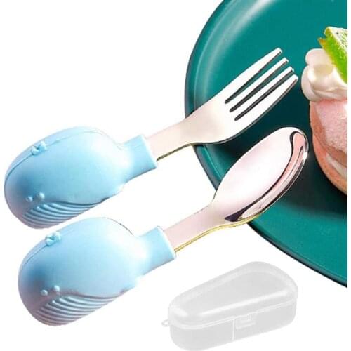 2Pcs Silicone Baby Spoon Fork Set Cartoon Animal Baby Feeding for Kids Learn To Eat Training Spoon Forks with Storage Box