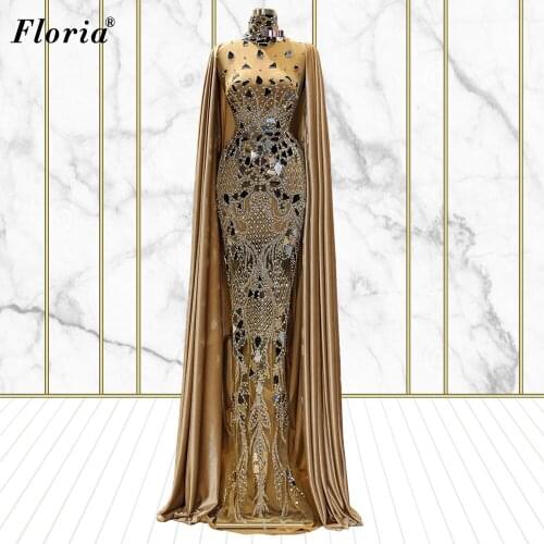 2 Designs Muslim Shiny Evening Dresses For Women Party Long Mermaid Prom Party Dresses With Cape Dubai Couture Vestidos Formales