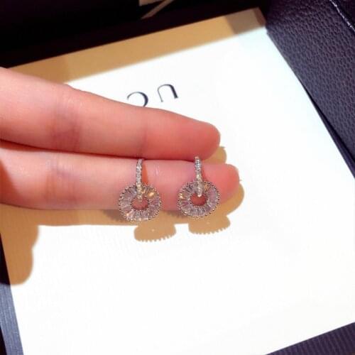 2021 Free Shipping Fashion 925 Sterling Silver Crystal Rhinestone Geometric Round Stud Earrings For Women Beautiful Jewelry