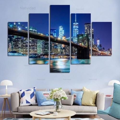 5 Pieces Pictures Beautiful City Night View Canvas Art Painting Light Bridge Modular Posters Living Room Frameless Home Decor
